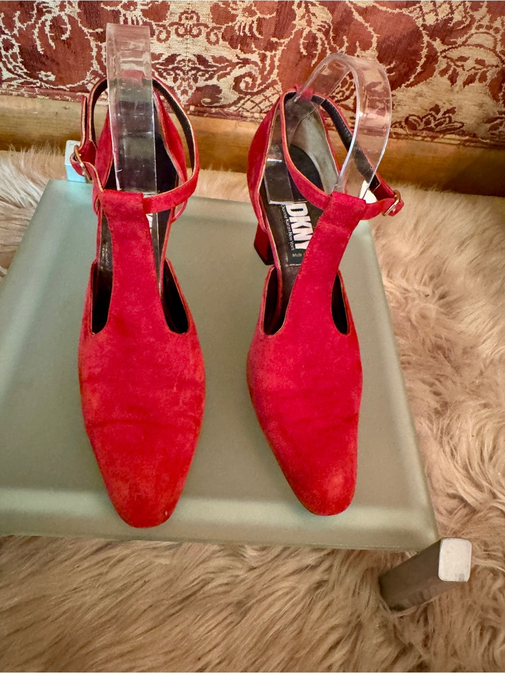 DKNY Red Suede T-Strap Pointed Block Heel-VTG